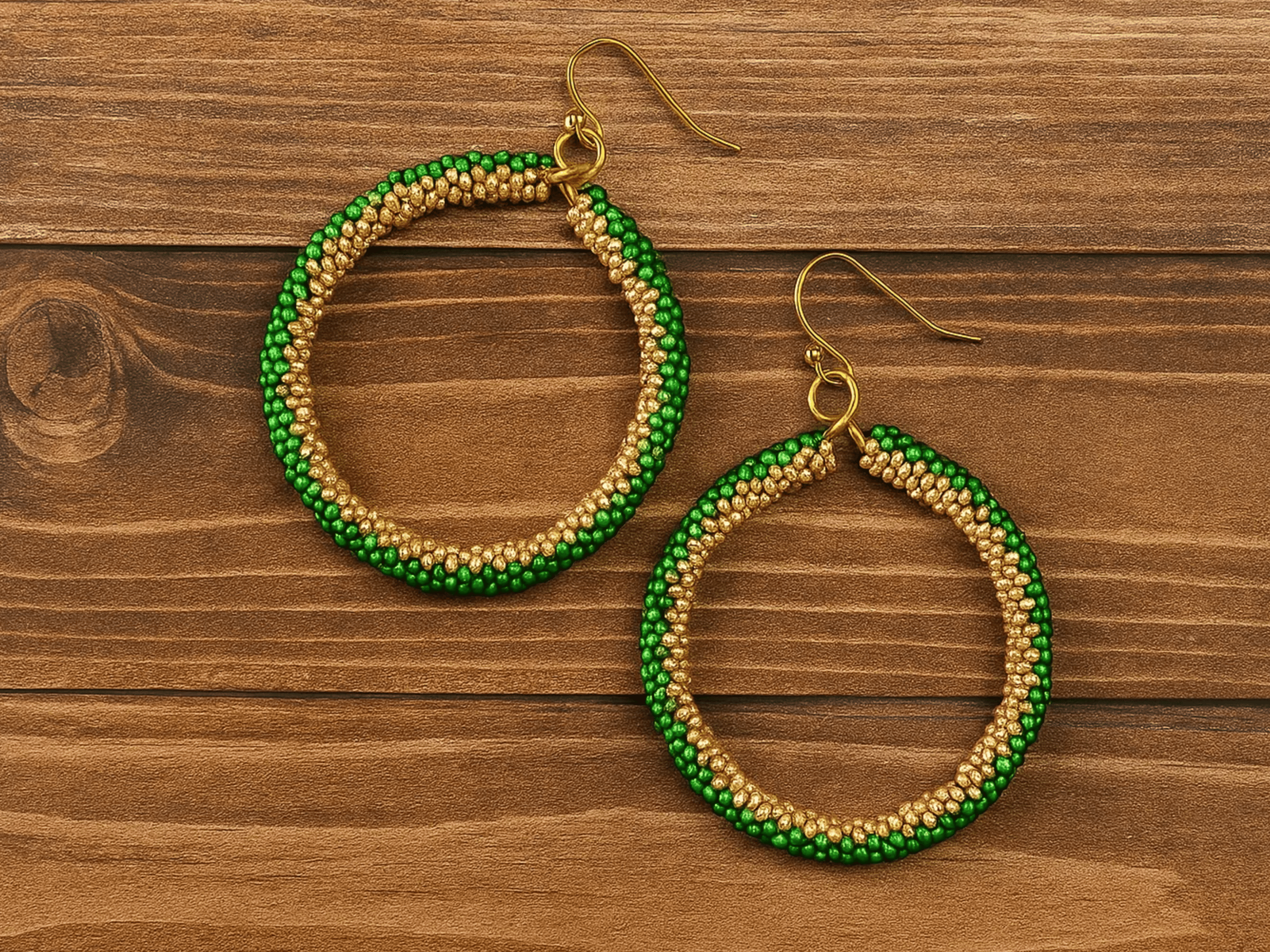 Golden Green Black Beaded Earring | Bead Hoops | Glass Beads