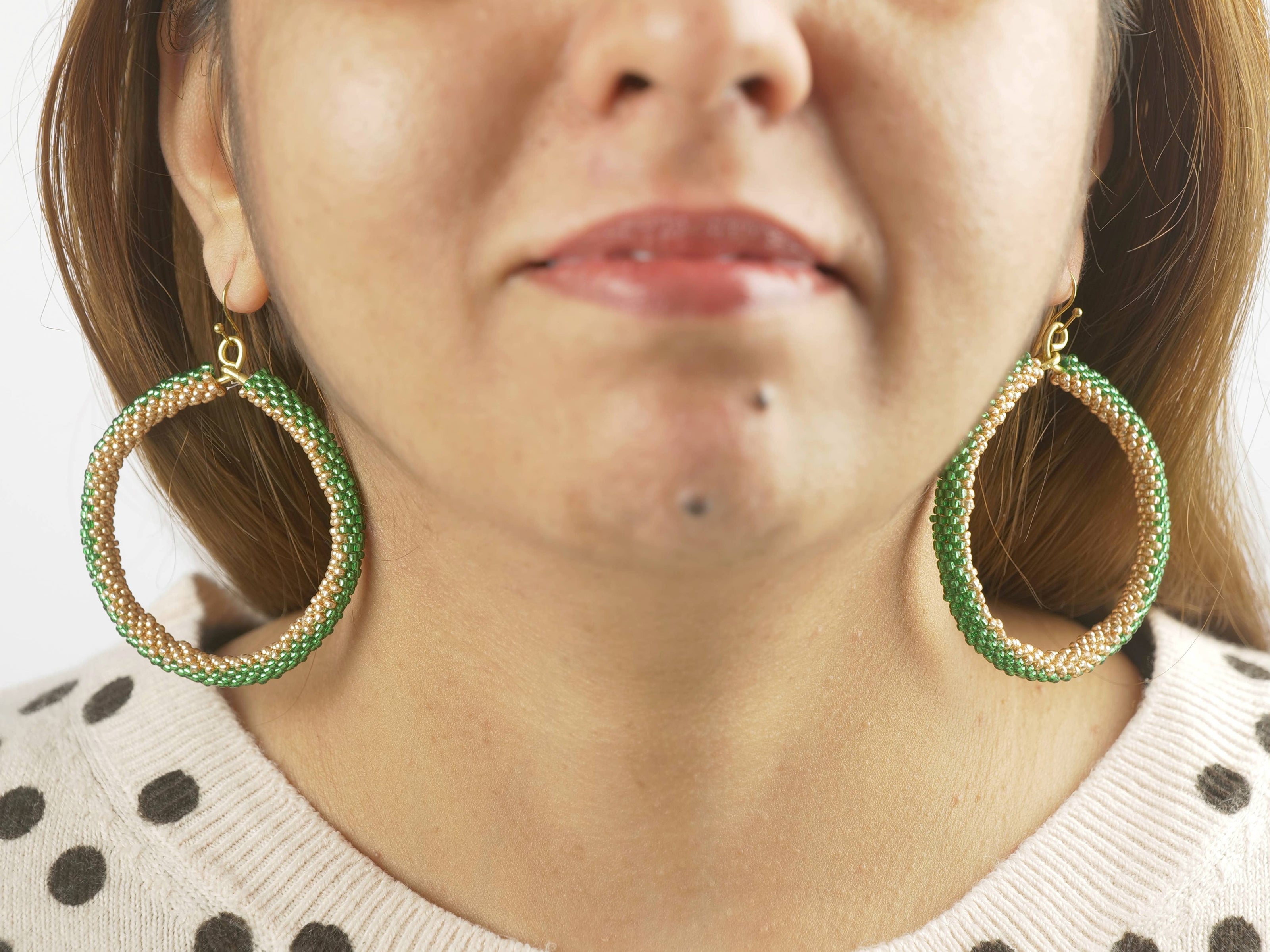 Golden Green Black Beaded Earring | Bead Hoops | Glass Beads