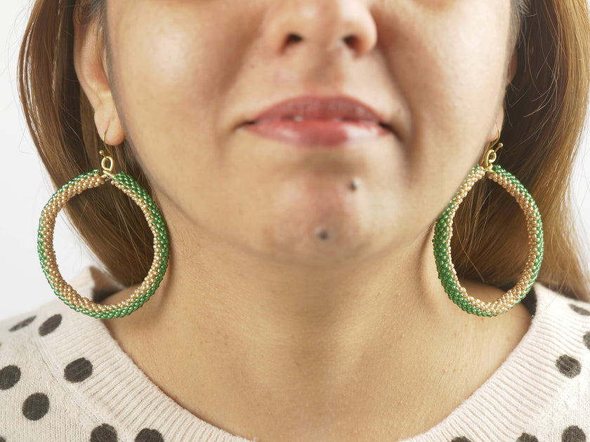Golden Green Black Beaded Earring | Bead Hoops | Glass Beads