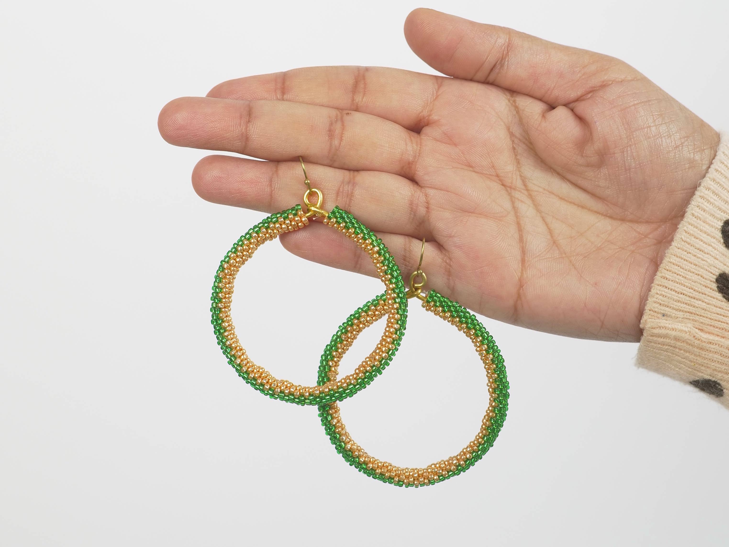 Golden Green Black Beaded Earring | Bead Hoops | Glass Beads