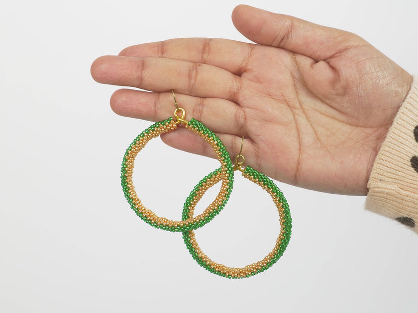 Golden Green Black Beaded Earring | Bead Hoops | Glass Beads