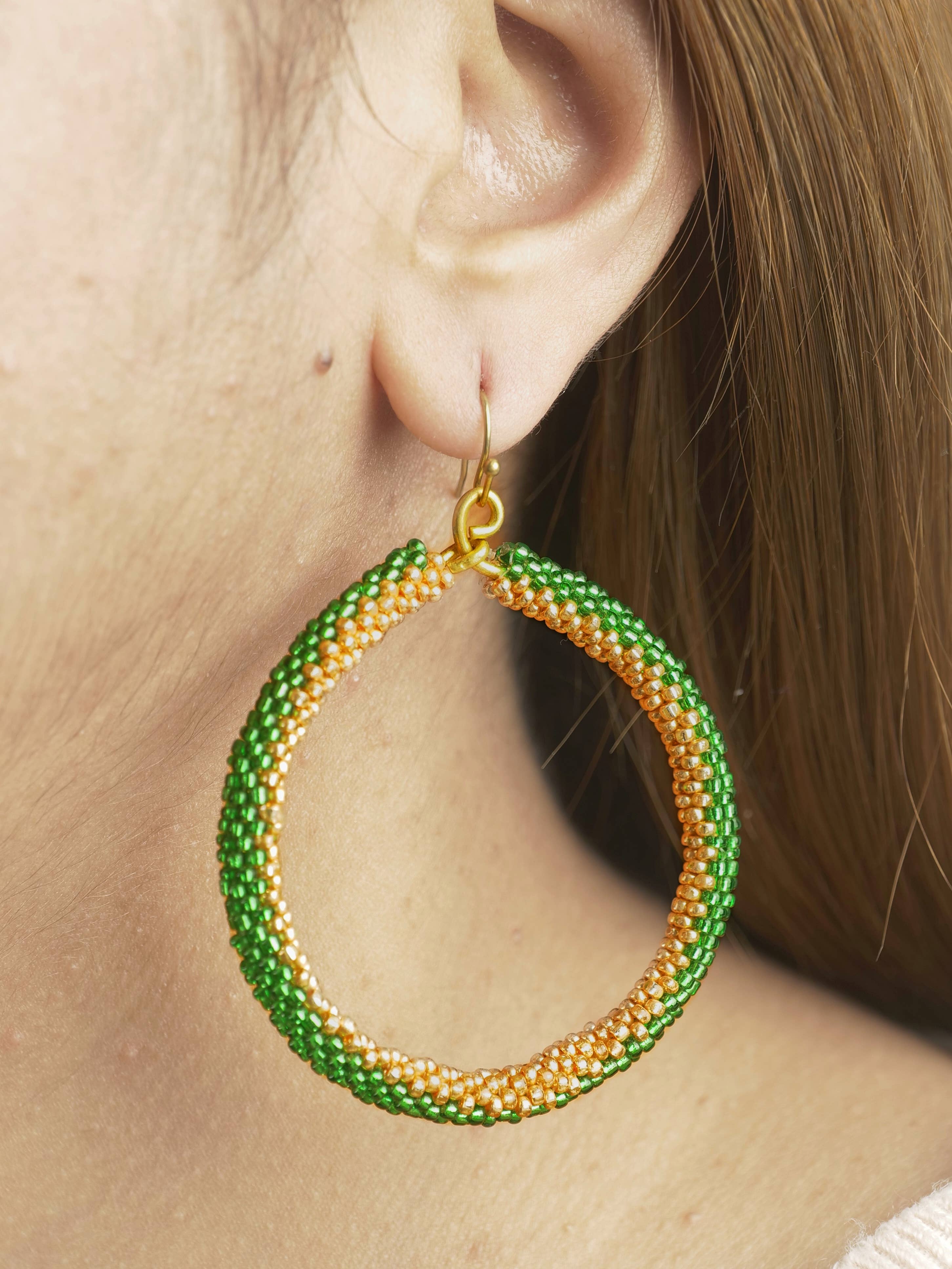 Golden Green Black Beaded Earring | Bead Hoops | Glass Beads