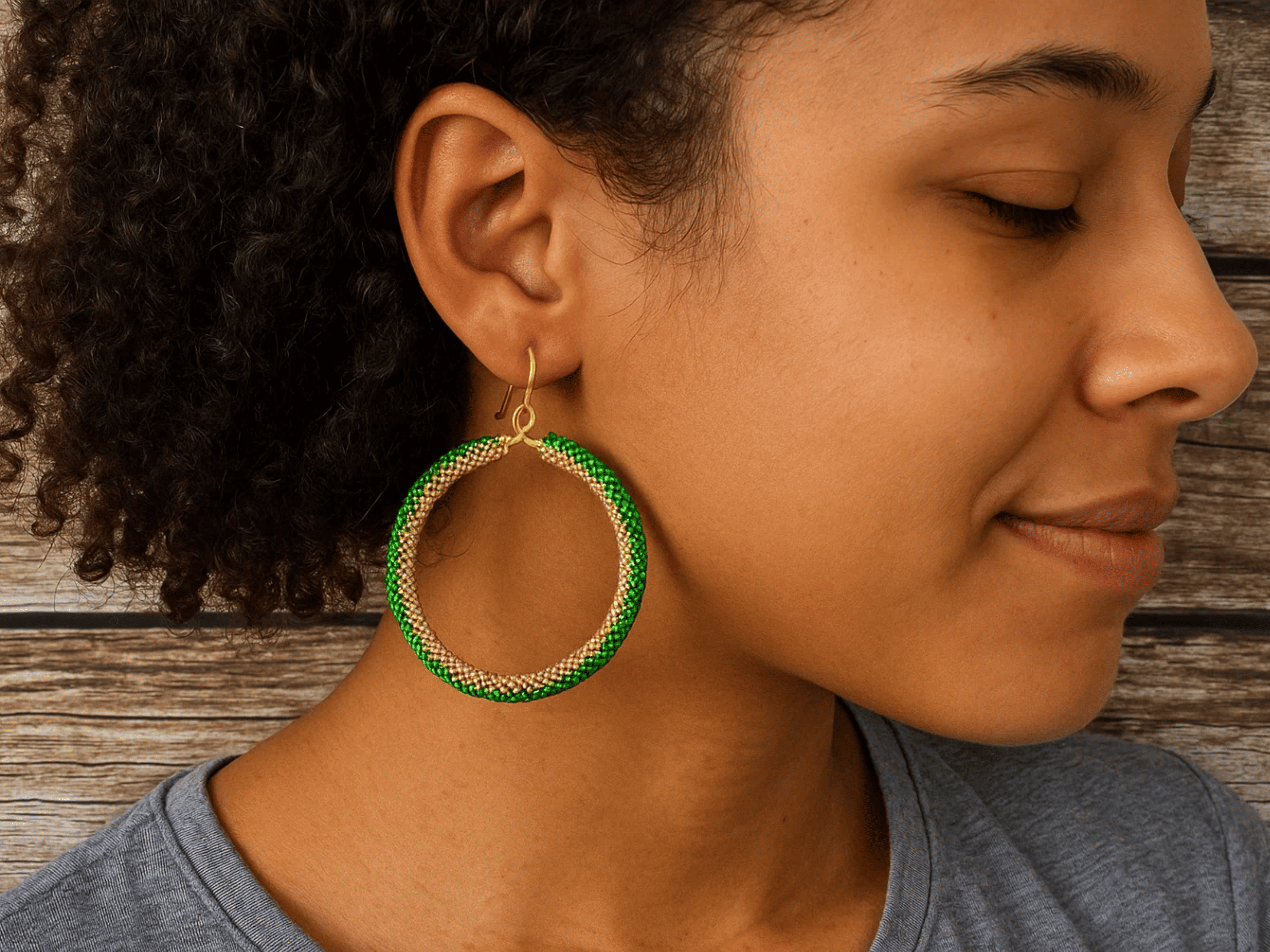 Golden Green Black Beaded Earring | Bead Hoops | Glass Beads