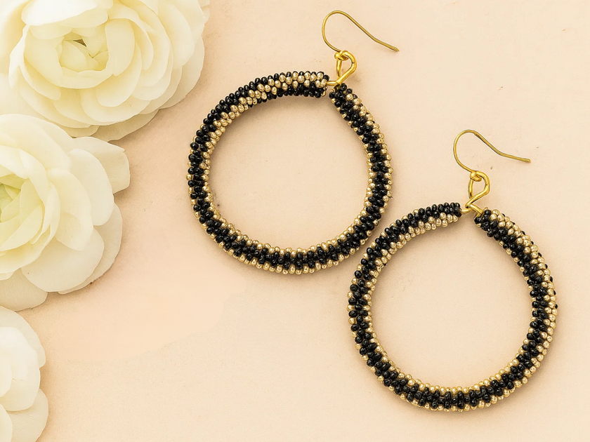 Golden Green Black Beaded Earring | Bead Hoops | Glass Beads