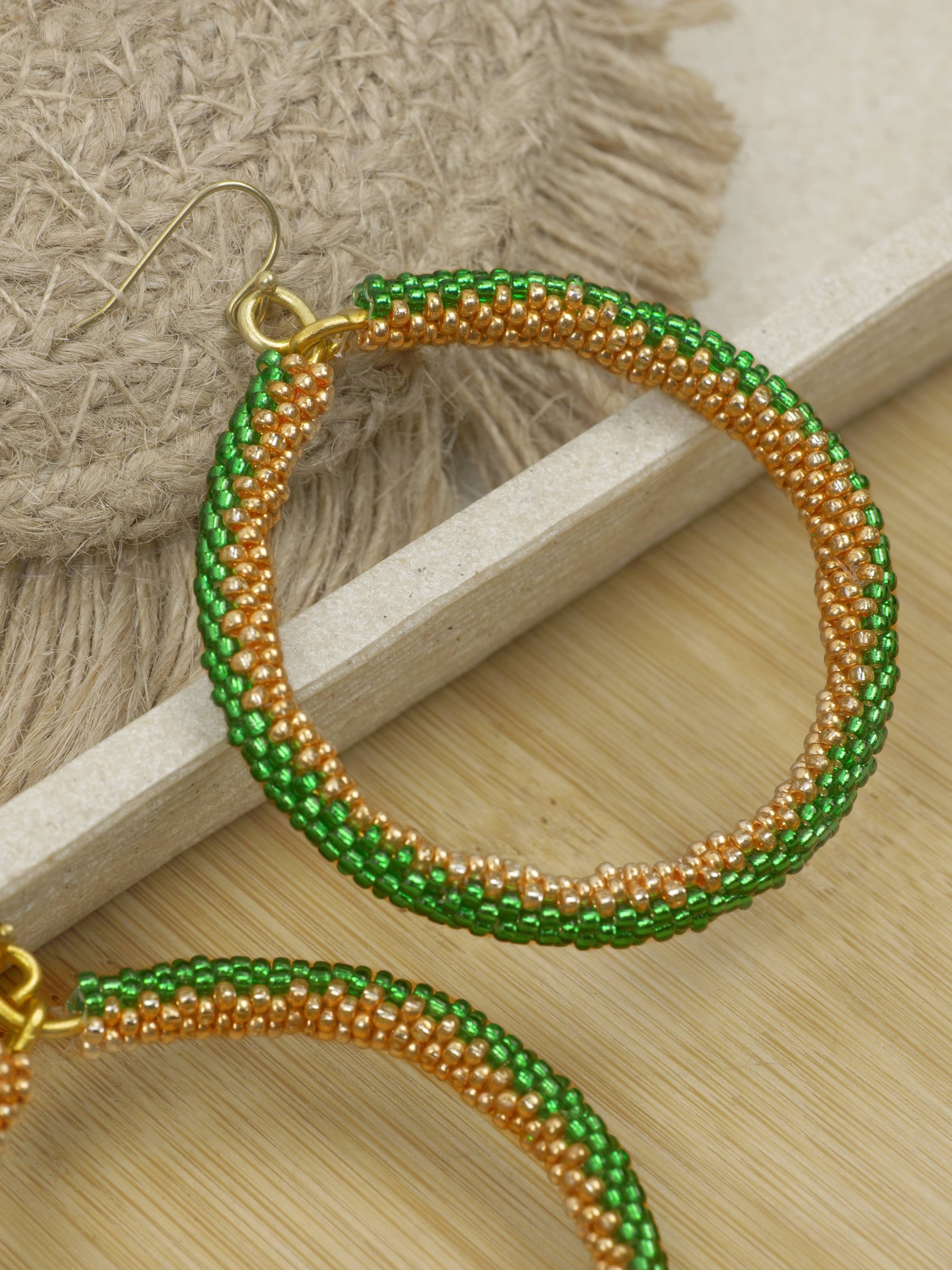 Golden Green Black Beaded Earring | Bead Hoops | Glass Beads